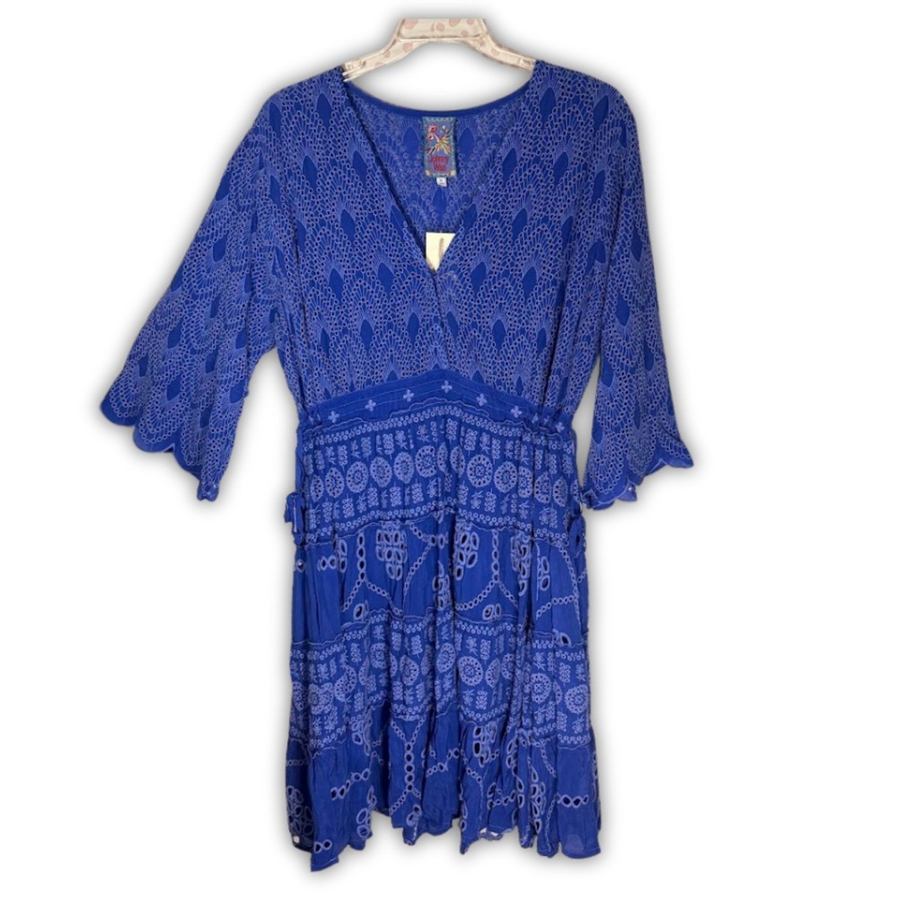 NEW Johnny Was Bluebelle Eyelet Embroidered Tiered Dress Blue 2X Boho NWT - Picture 3 of 12